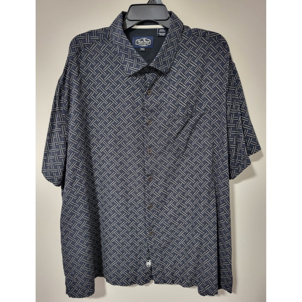 Nat Nast Button Up Shirt Mens XXL Blue Geometric Silk Blend Casual